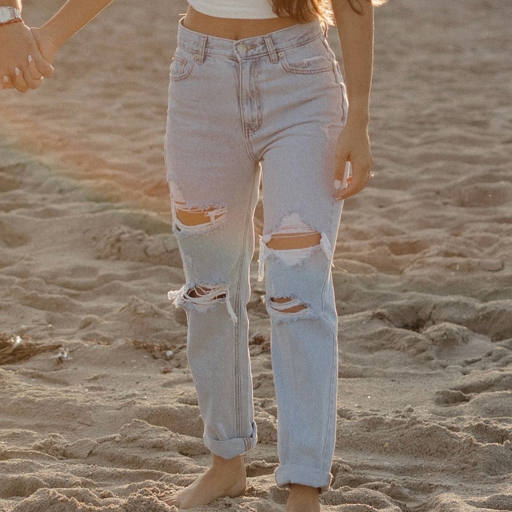 Pull&Bear Light Blue Ripped Straight Leg Jeans